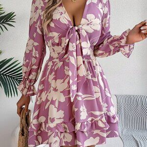 Lilac- Tied Ruffled Printed Long Sleeve Dress